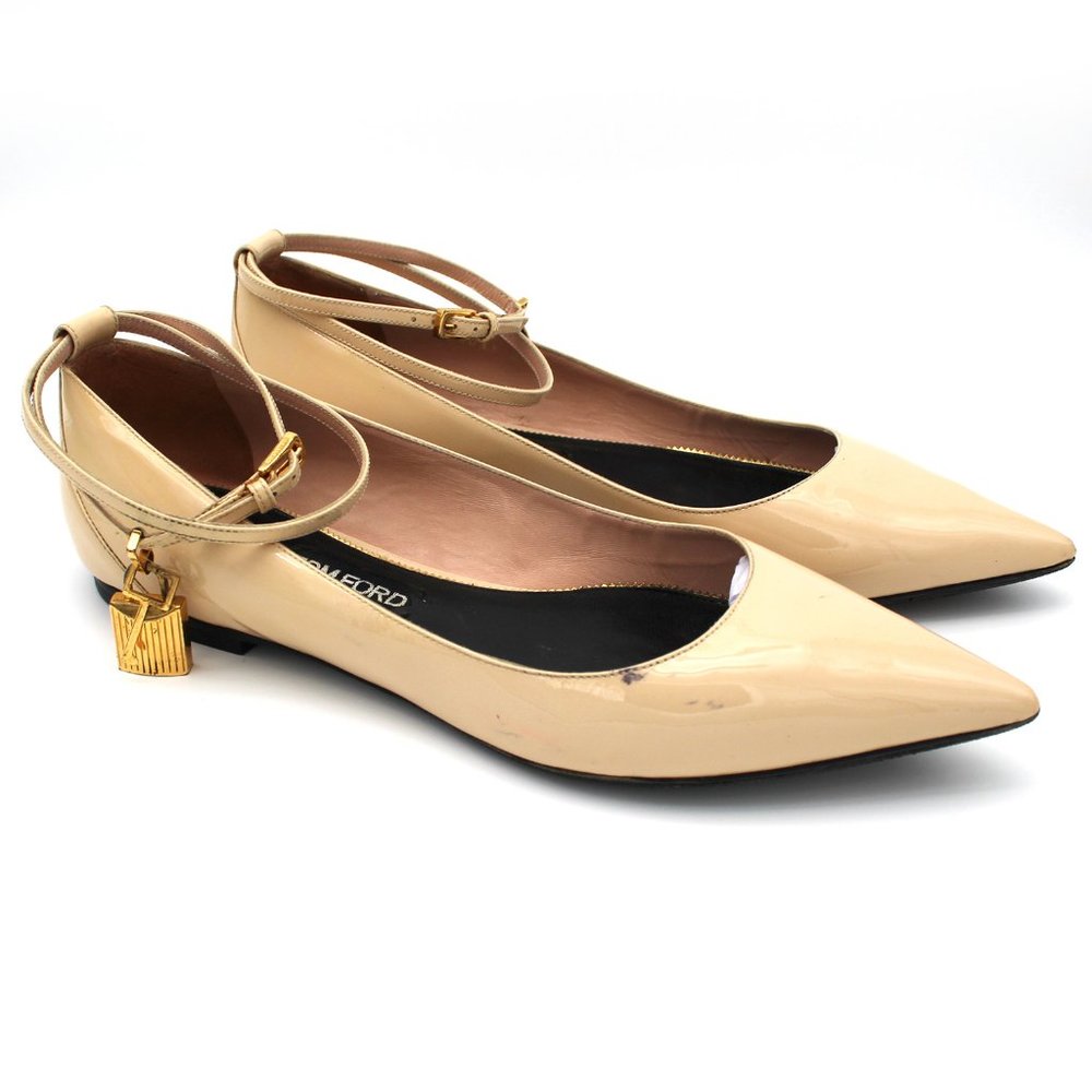 Tom Ford Padlock Patent Leather Gold Lock/Key Ankle Strap Ballet Flats Shoes 41 - Picture 1 of 7